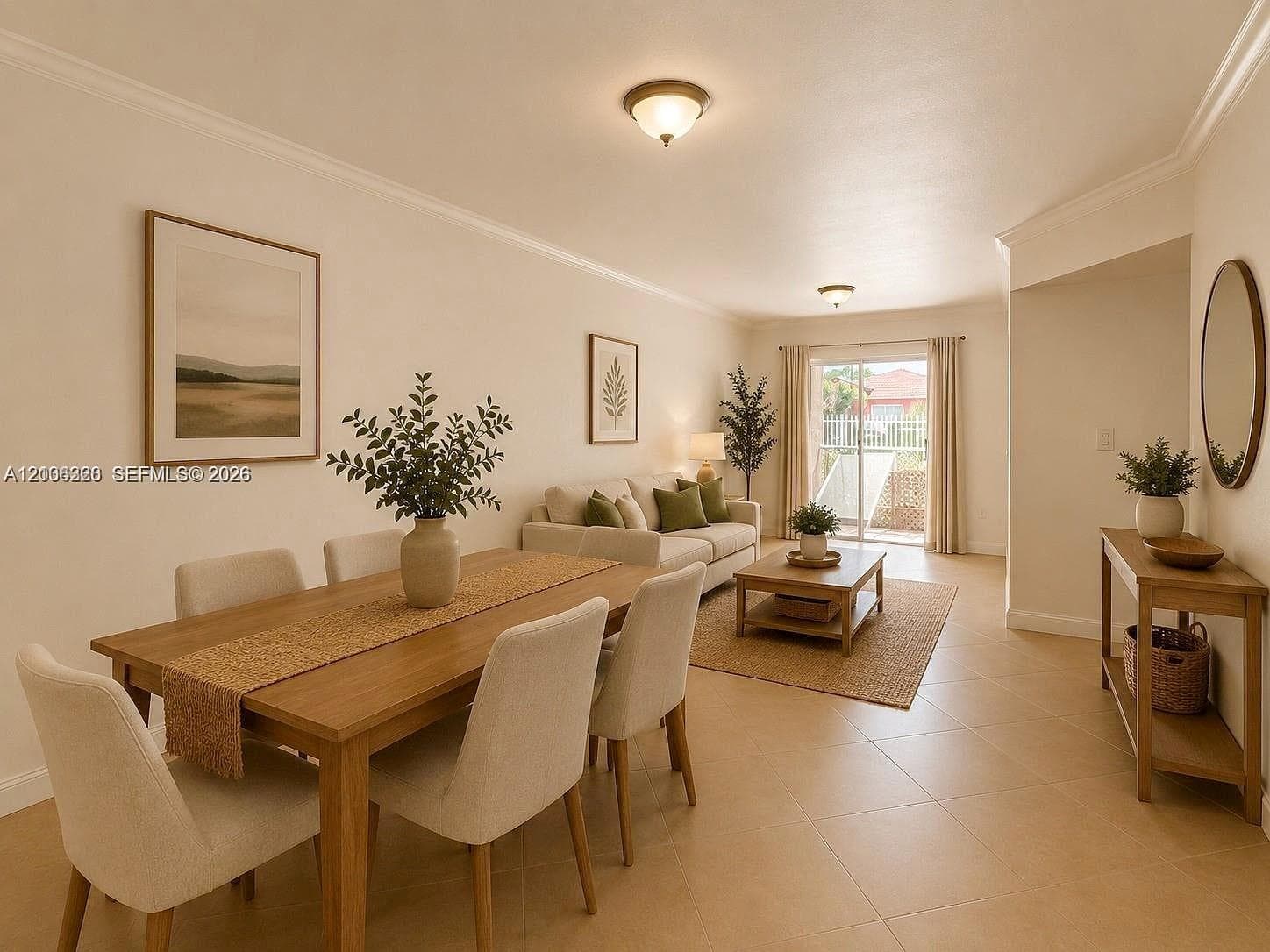 Neutral-toned tile flooring, flush-mount ceiling lighting, crown molding, and a sliding glass door providing external access