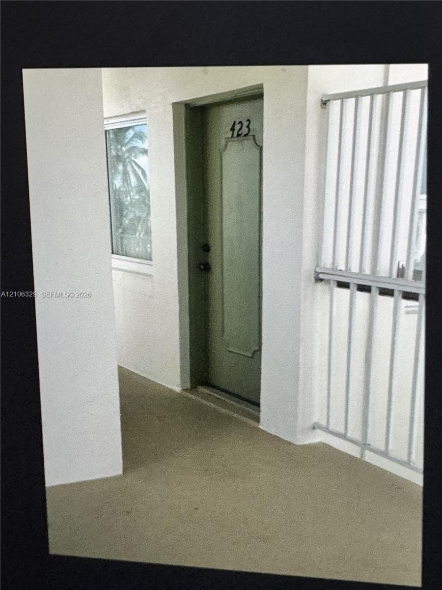 Entryway featuring a solid-panel door with recessed detailing, a metal-framed window, and a metal safety railing