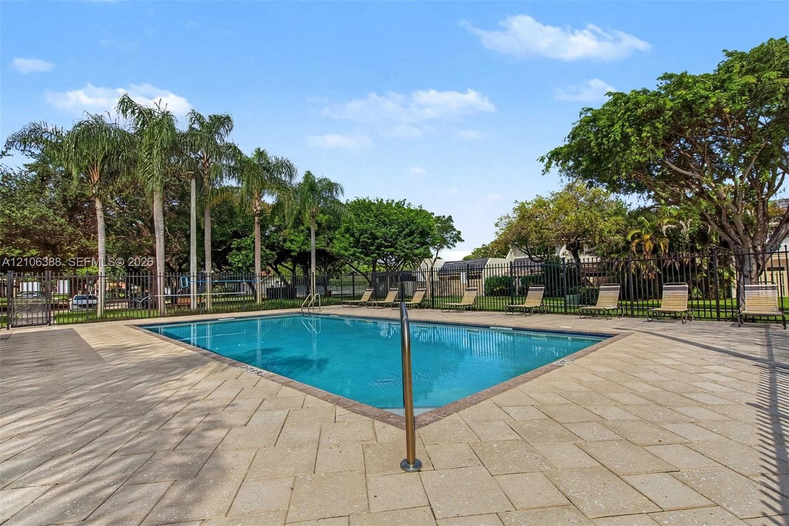 Outdoor swimming pool featuring a paved pool deck, metal perimeter fencing, and mature palm trees