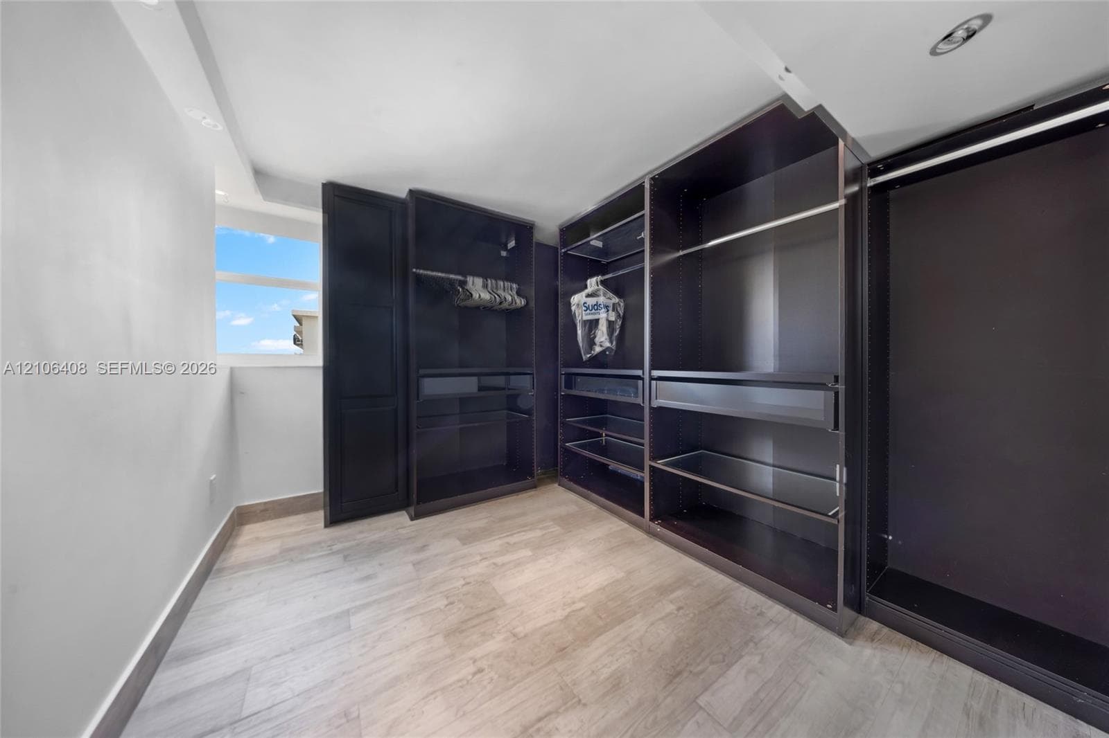 Custom floor-to-ceiling built-in cabinetry featuring dark finish shelving, pull-out drawers, and hanging rods, paired with wood-finish flooring and recessed lighting