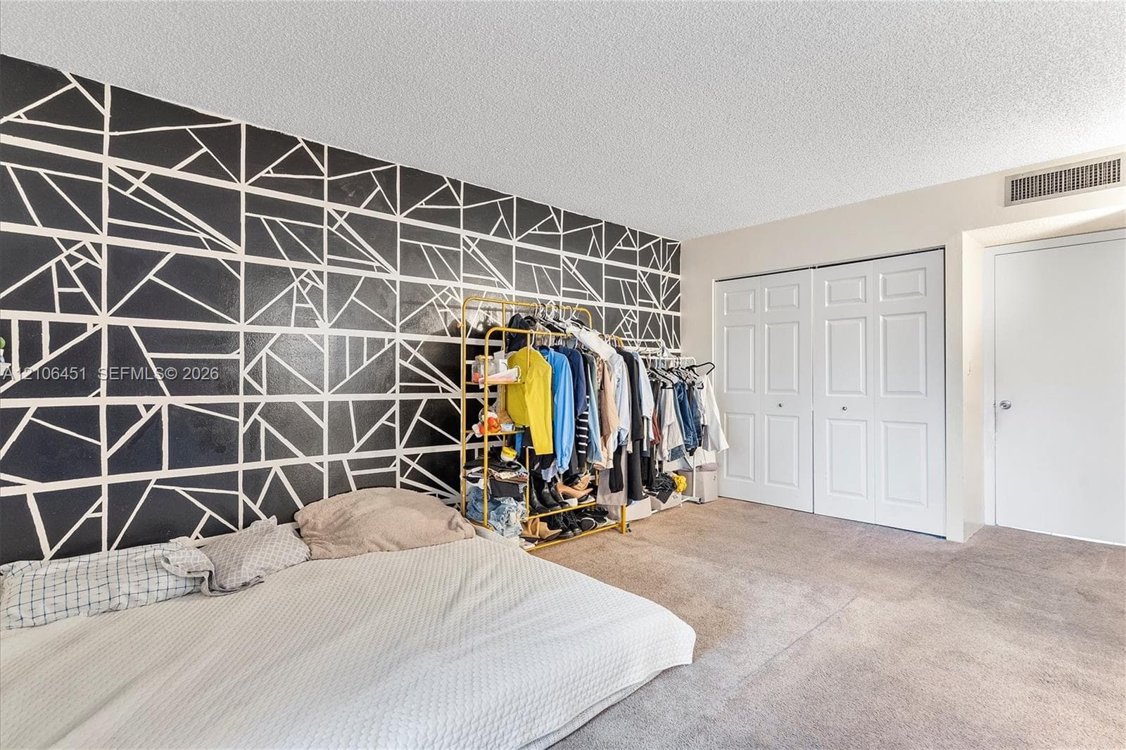 Geometric patterned accent wall, neutral carpeting, and dual-panel closet doors