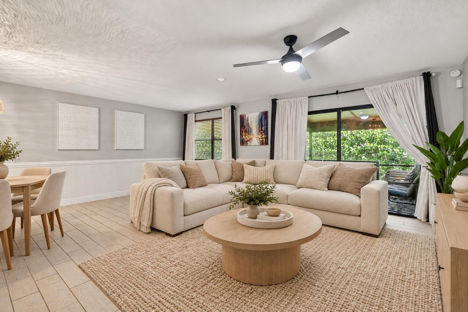 Neutral living room with oak accents