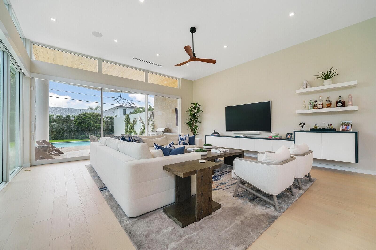 Family room with custom built ins