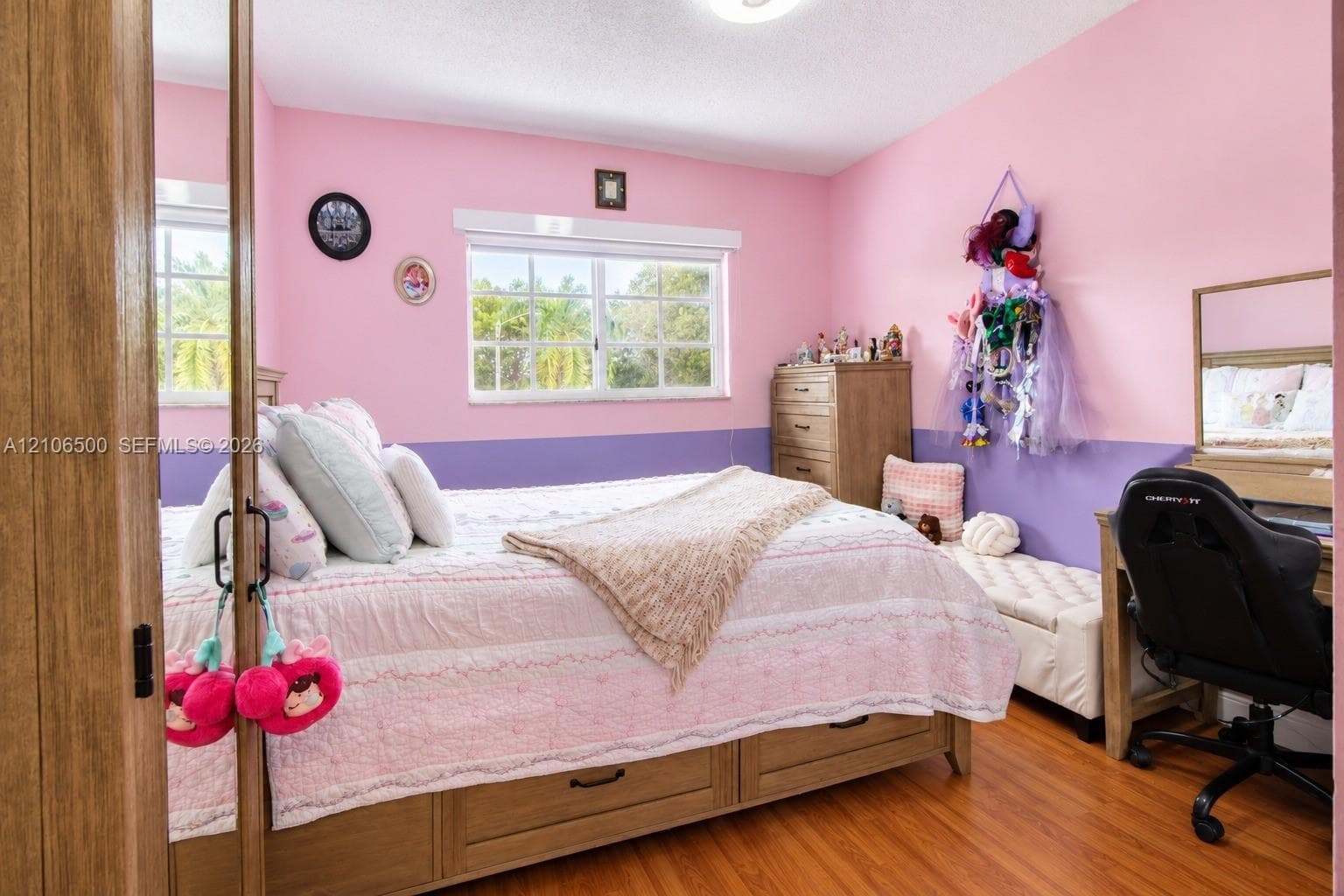 Wood-finish flooring, dual-pane windows with grid detailing, and mirrored closet doors