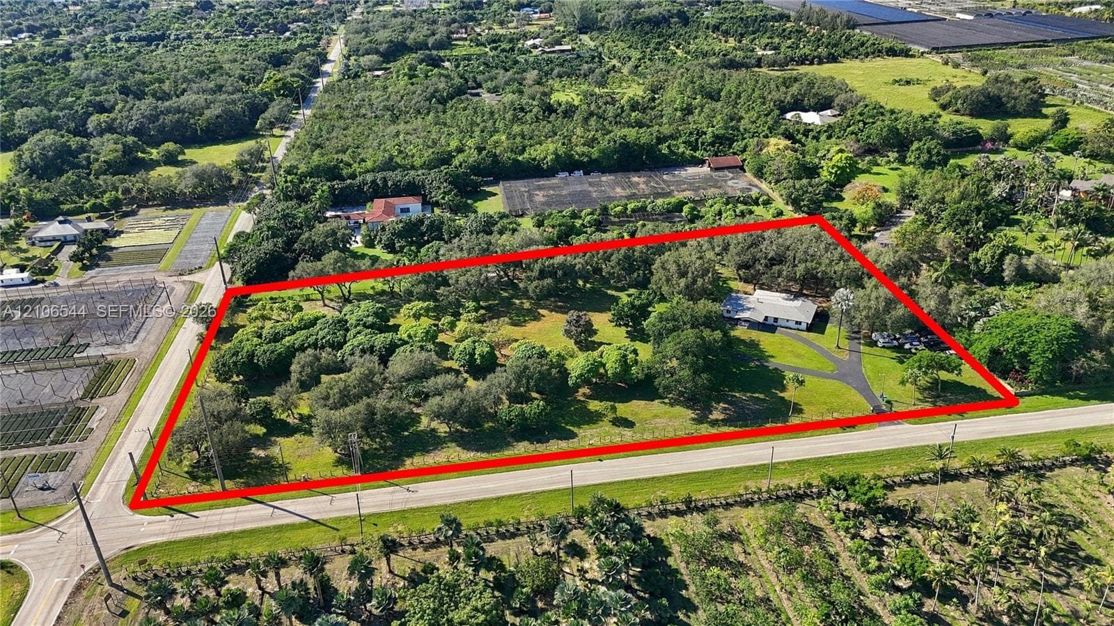 Expansive parcel featuring mature trees, cleared open space, and paved road frontage