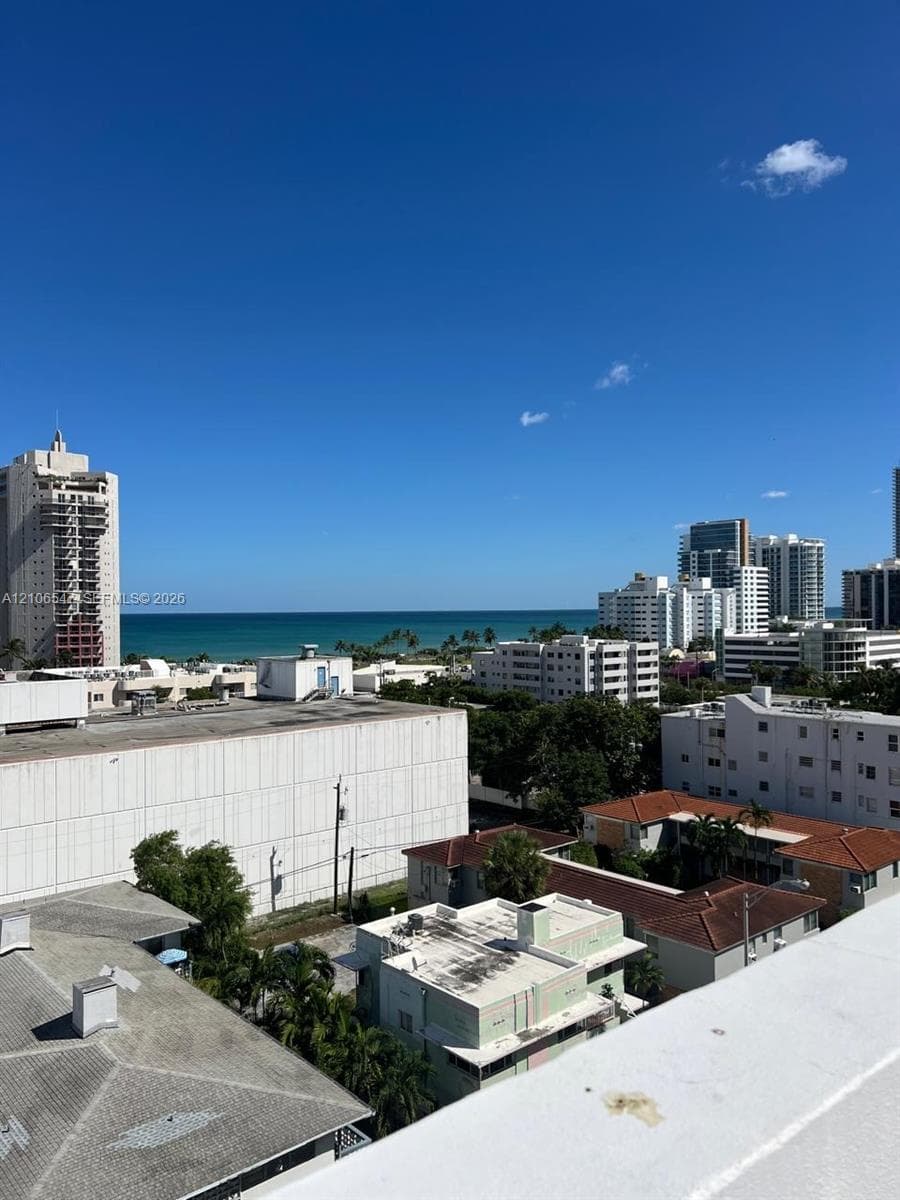 Panoramic ocean horizon and urban skyline featuring high-rise buildings and tropical landscaping