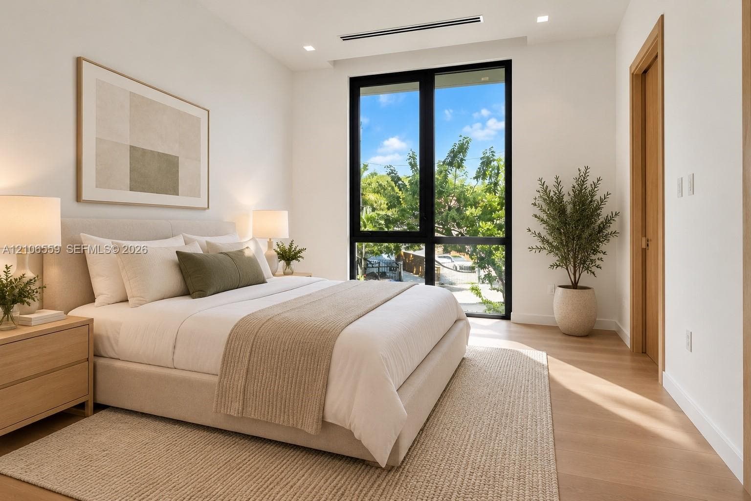 AI satged Large floor-to-ceiling window with black frame, recessed lighting, wood-finish flooring, and minimalist door casing