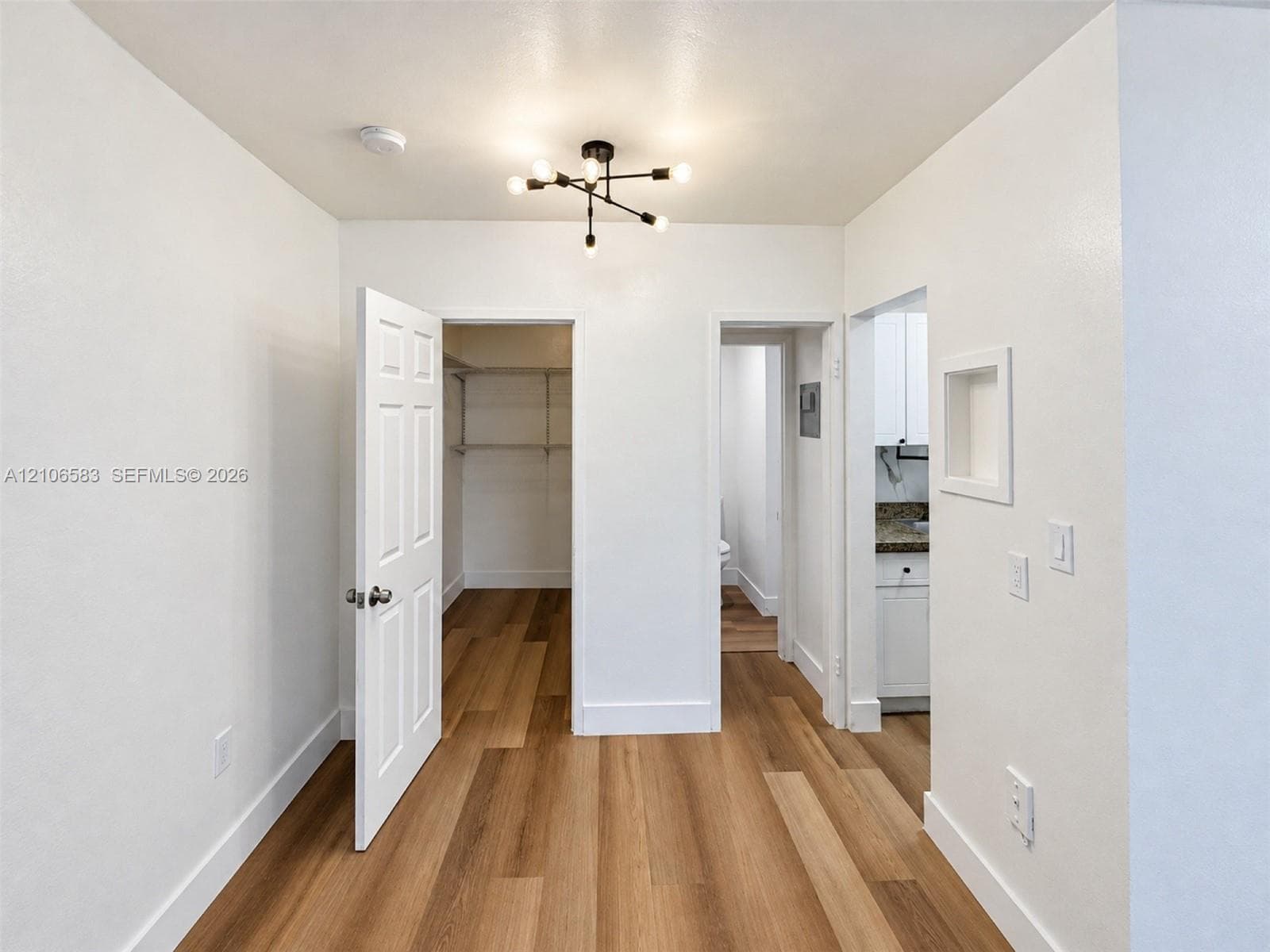 Wood-finish flooring, multi-arm geometric ceiling light fixture, six-panel interior door, and built-in wall niche