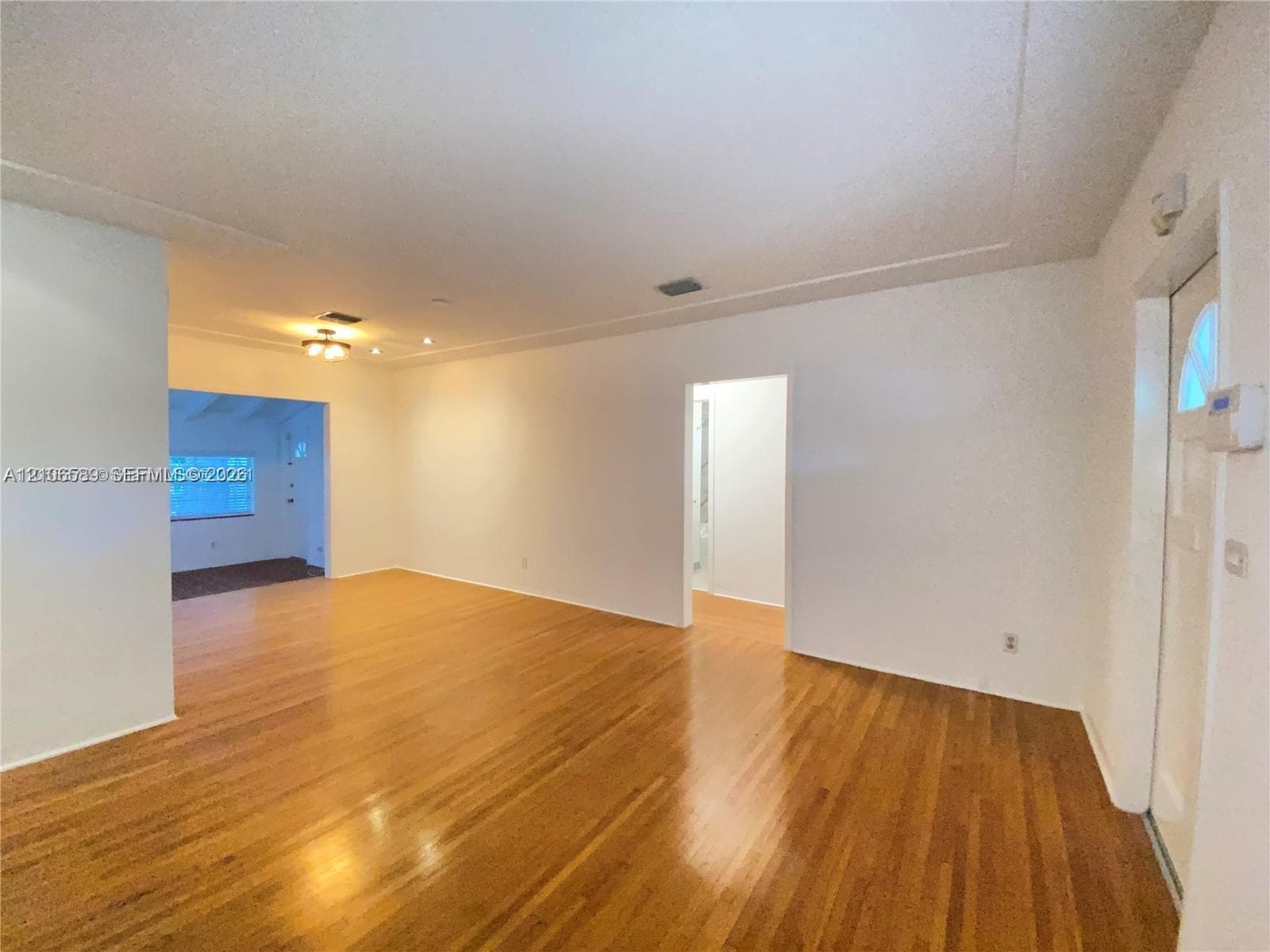 Interior space featuring wood-finish flooring, white walls, and a multi-light flush-mount ceiling fixture
