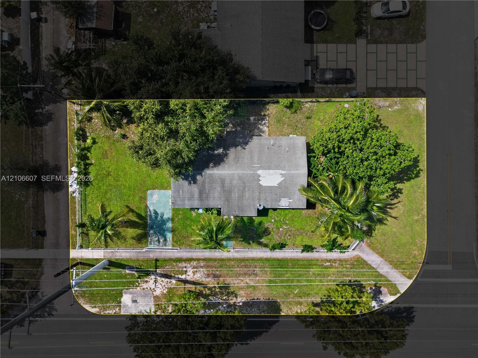Corner lot property featuring expansive lawn areas, mature trees, palm landscaping, and concrete paved pathways