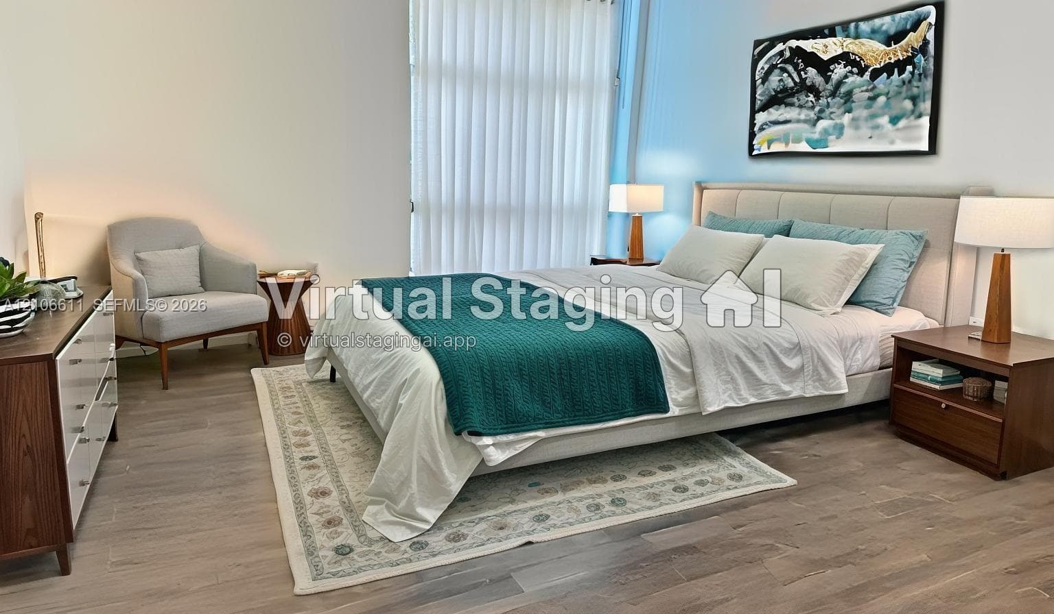 Wood-finish flooring, floor-to-ceiling windows with vertical blinds, and neutral wall color