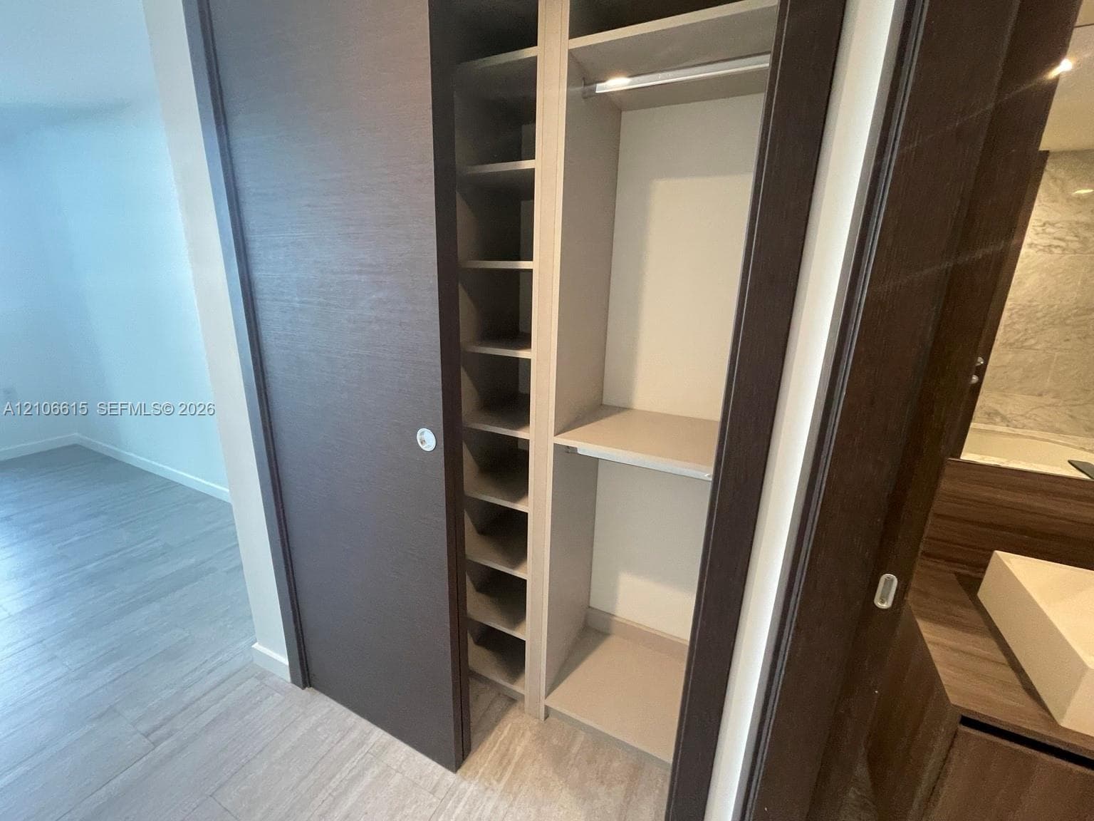 Built-in closet featuring floor-to-ceiling shelving and an integrated hanging rod, enclosed by a dark wood-finish sliding door