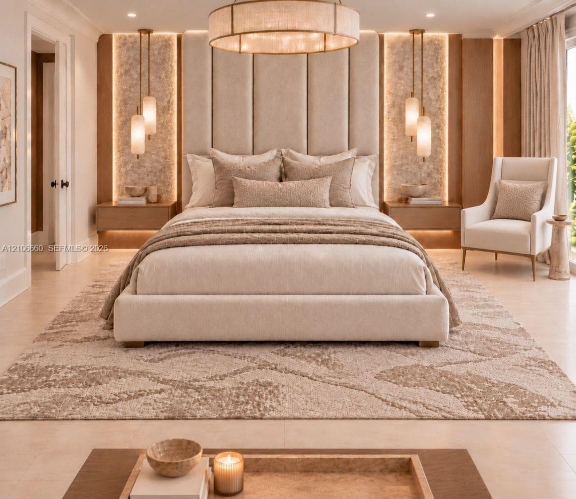 Floor-to-ceiling upholstered headboard, integrated stone accent walls with recessed lighting, suspended wood-finish cabinetry, tiered drum chandelier, and dual glass pendant fixtures