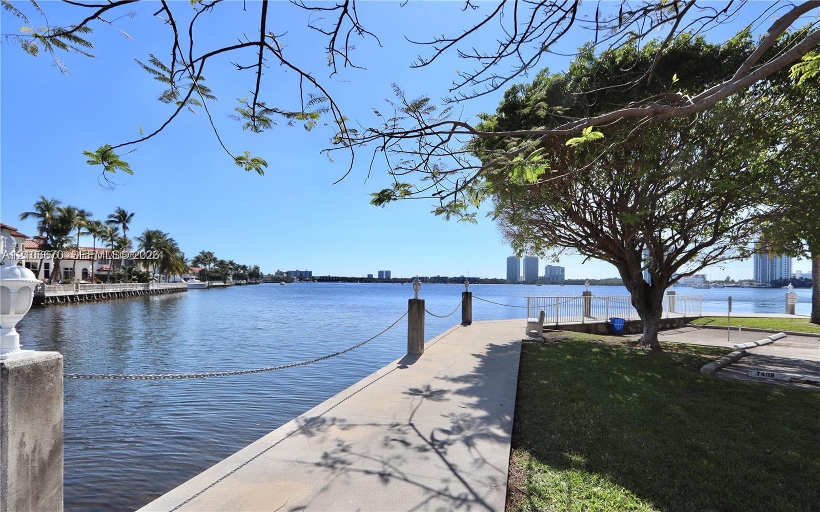 Waterfront concrete bulkhead, paved walkway, metal chain railing, and mature shade tree