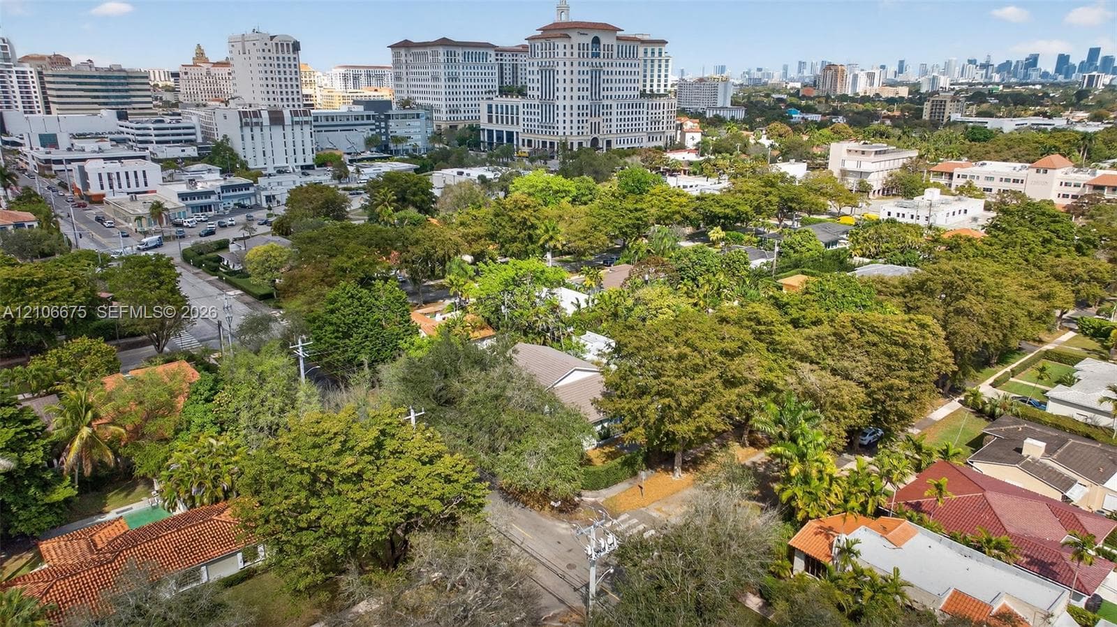 Aerial perspective featuring a residential setting with mature trees and a dense urban skyline in the distance