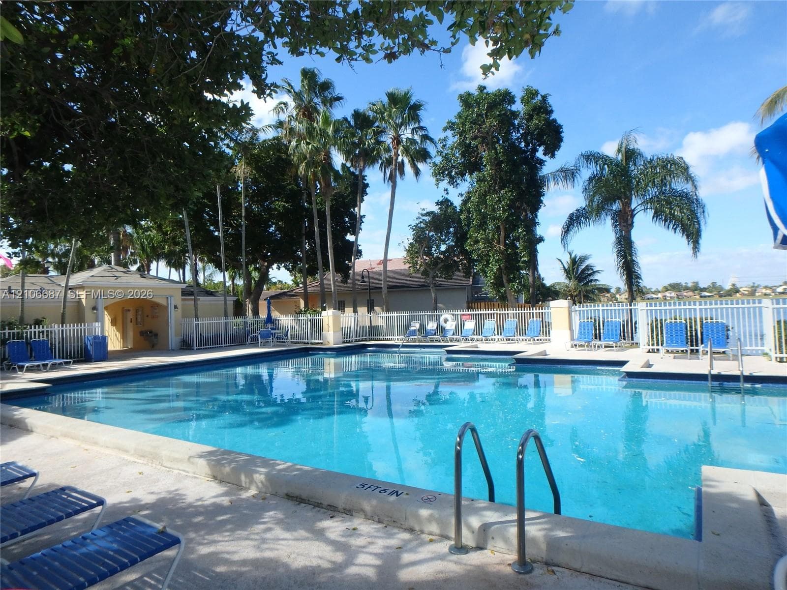 Swimming pool with paved surround, white perimeter fencing, and mature palm trees