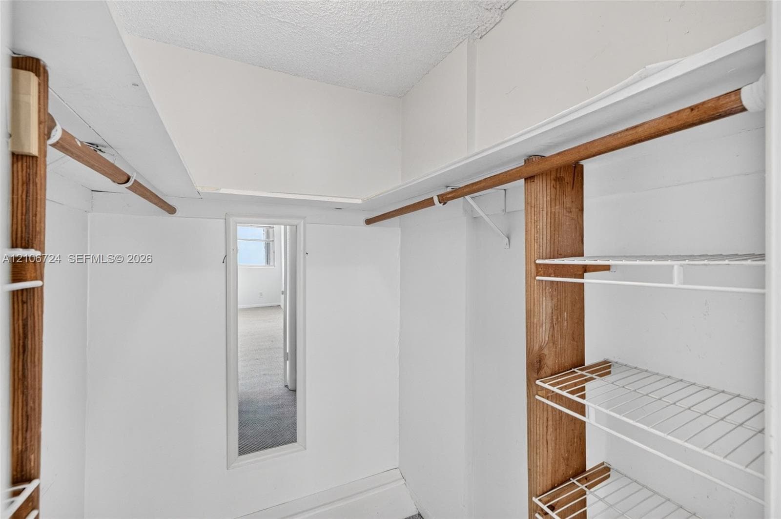 Storage closet featuring wood-finish support beams, integrated wire shelving, full-length door mirror, and hanging rods