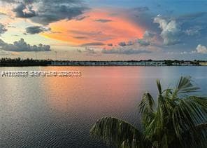 Expansive waterfront setting featuring a calm lake and palm tree foliage under an orange sunset sky