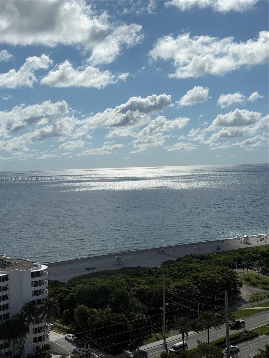 High-rise balcony perspective featuring expansive ocean scenery, a stretch of sandy shoreline, and coastal vegetation