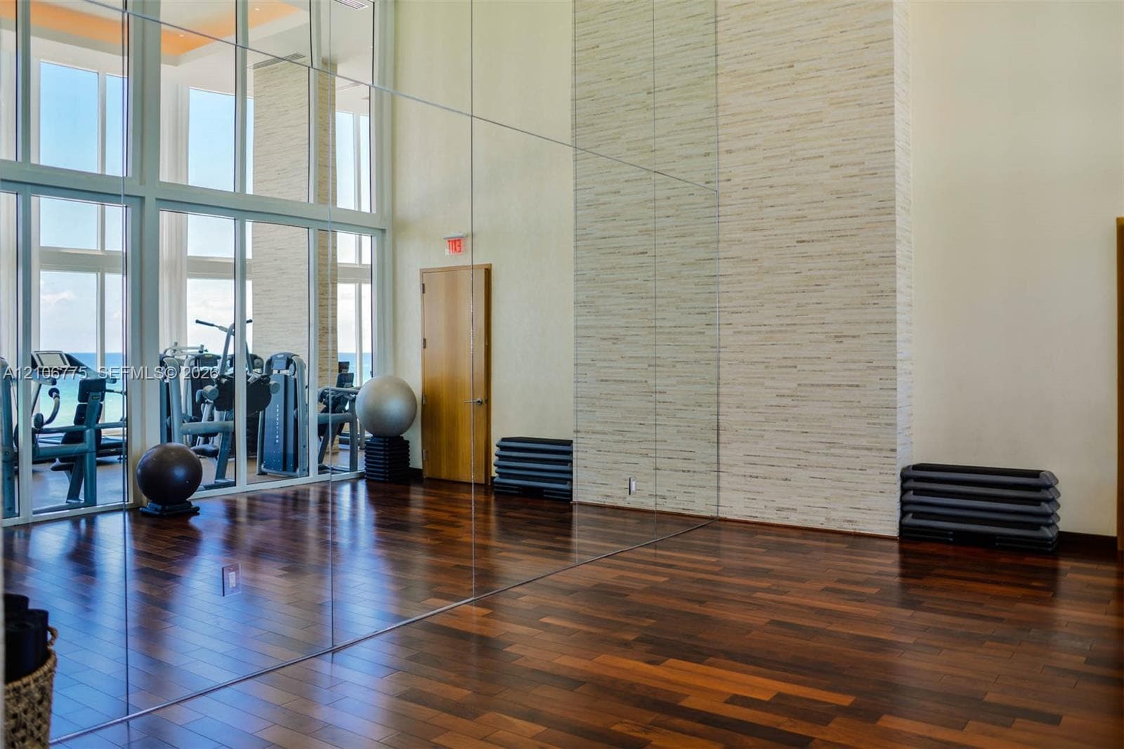 Floor-to-ceiling windows, wood-finish flooring, full-wall mirrors, and a floor-to-ceiling textured stone accent wall