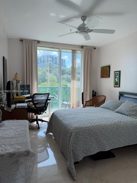 Room featuring light-toned tile flooring, ceiling fan with integrated lighting, and glass sliding doors providing exterior balcony access