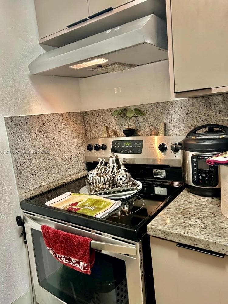 Kitchen featuring a stone countertop, stone-tiled backsplash, stainless steel electric range, and an integrated stainless steel range hood