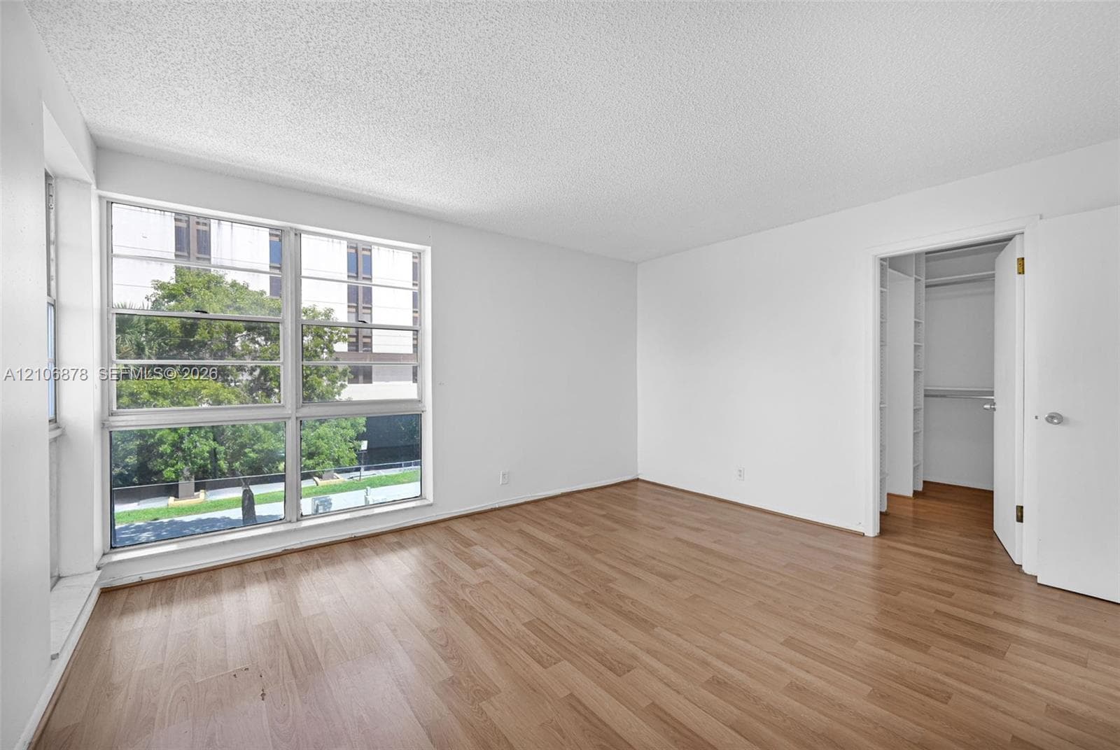 Room featuring wood-finish flooring, white walls, large multi-pane windows, and a walk-in closet with built-in shelving