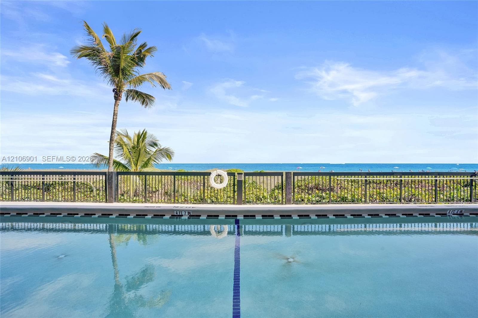 Swimming pool with a lane marker, metallic perimeter fencing, and coastal backdrop featuring palm trees and ocean