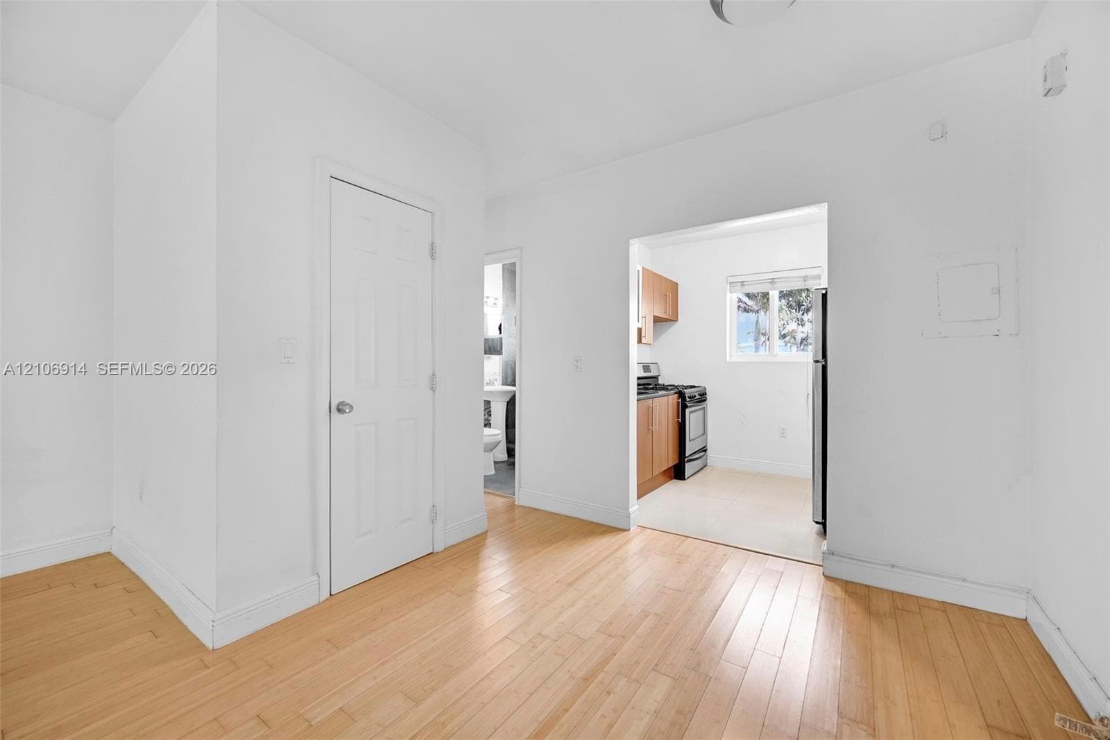 Interior space featuring wood-finish flooring, white walls, and a multi-panel interior door