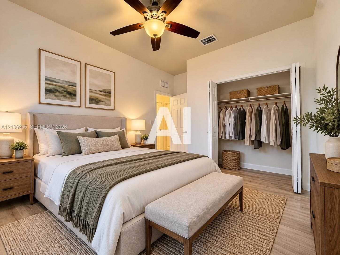 Bedroom featuring wood-finish flooring, a ceiling fan with integrated lighting, and a reach-in closet with bi-fold doors