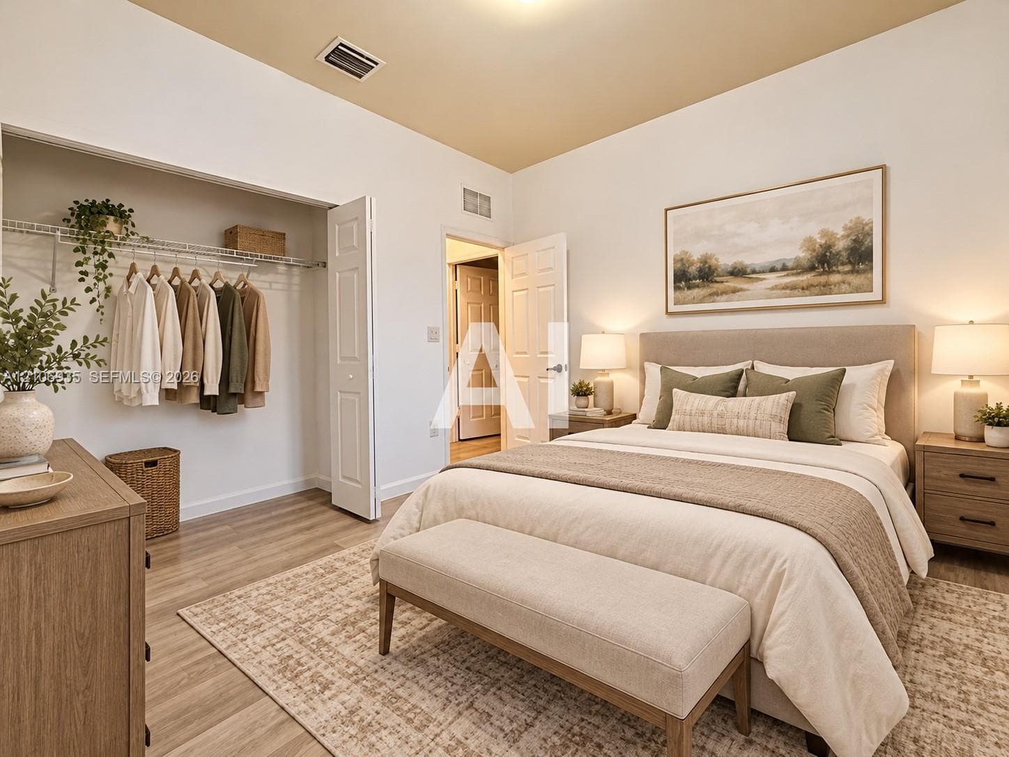 Neutral-toned room featuring wood-finish flooring, a bi-fold closet door, and a built-in wire shelving system