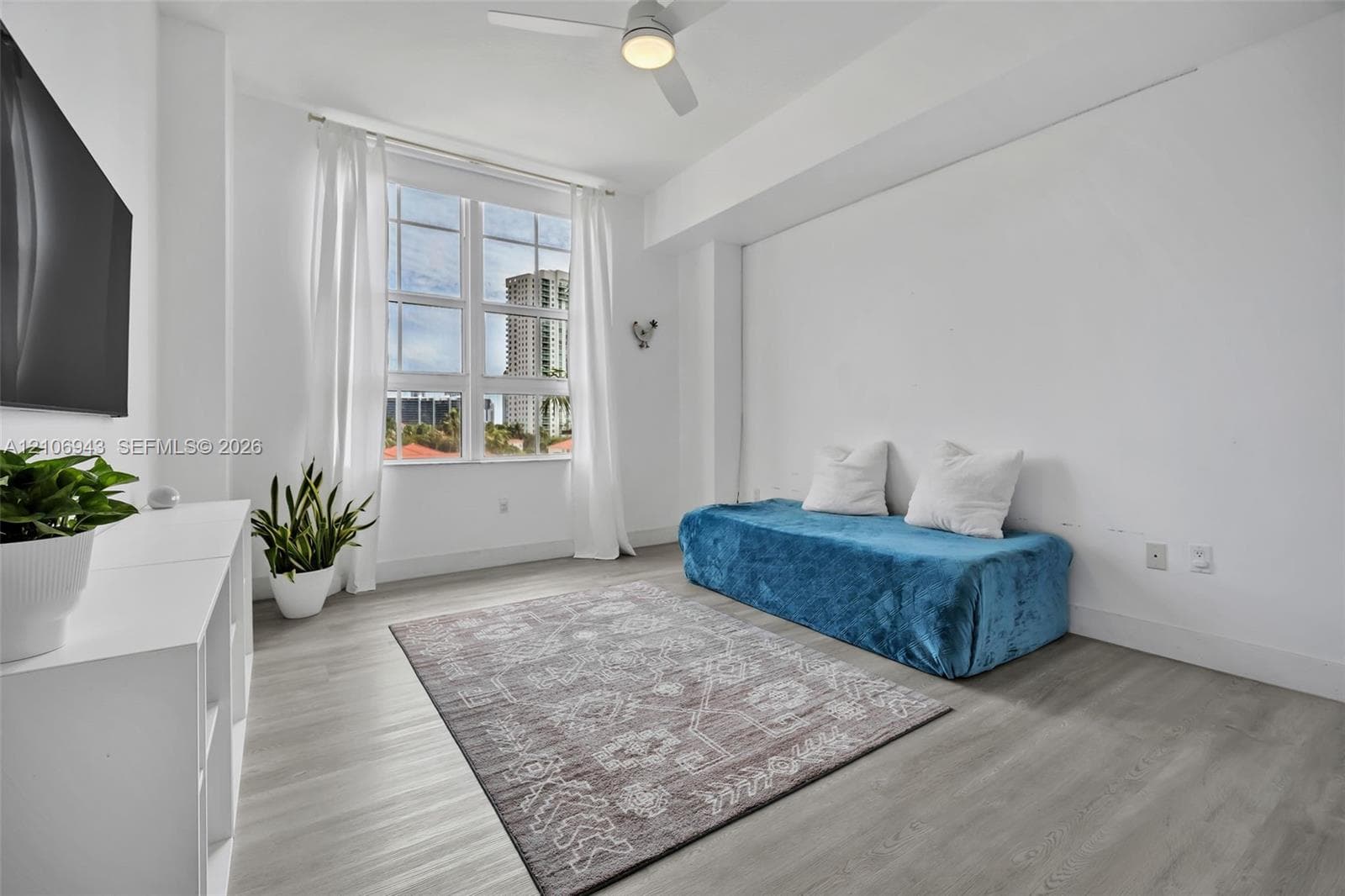 Multi-pane window, wood-finish flooring, and ceiling-mounted light fixture