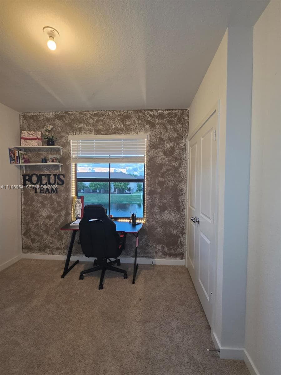 Textured accent wall, neutral carpeting, window with blinds, and double-door closet