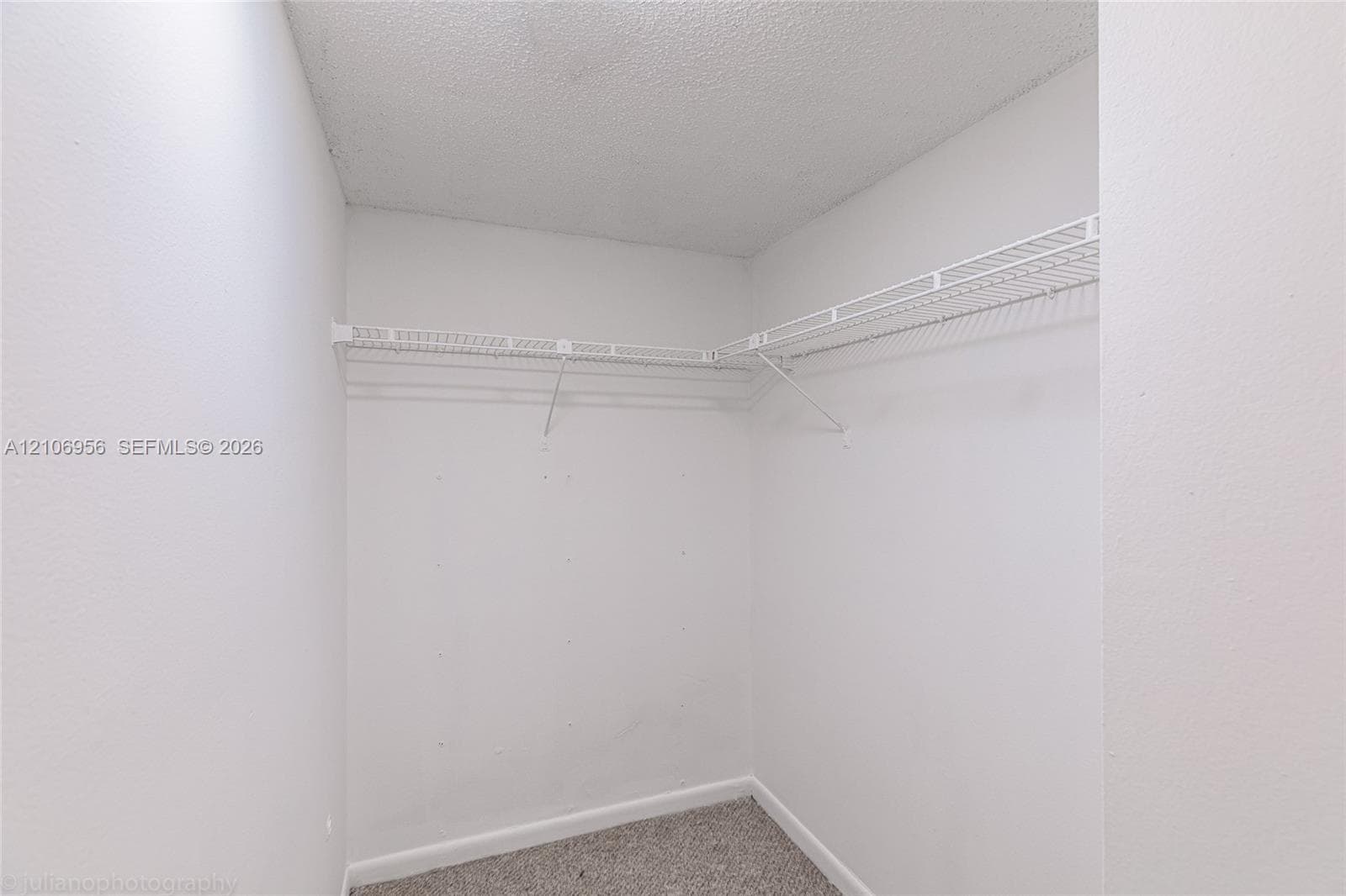 Storage closet featuring neutral-toned carpeting and white wire shelving