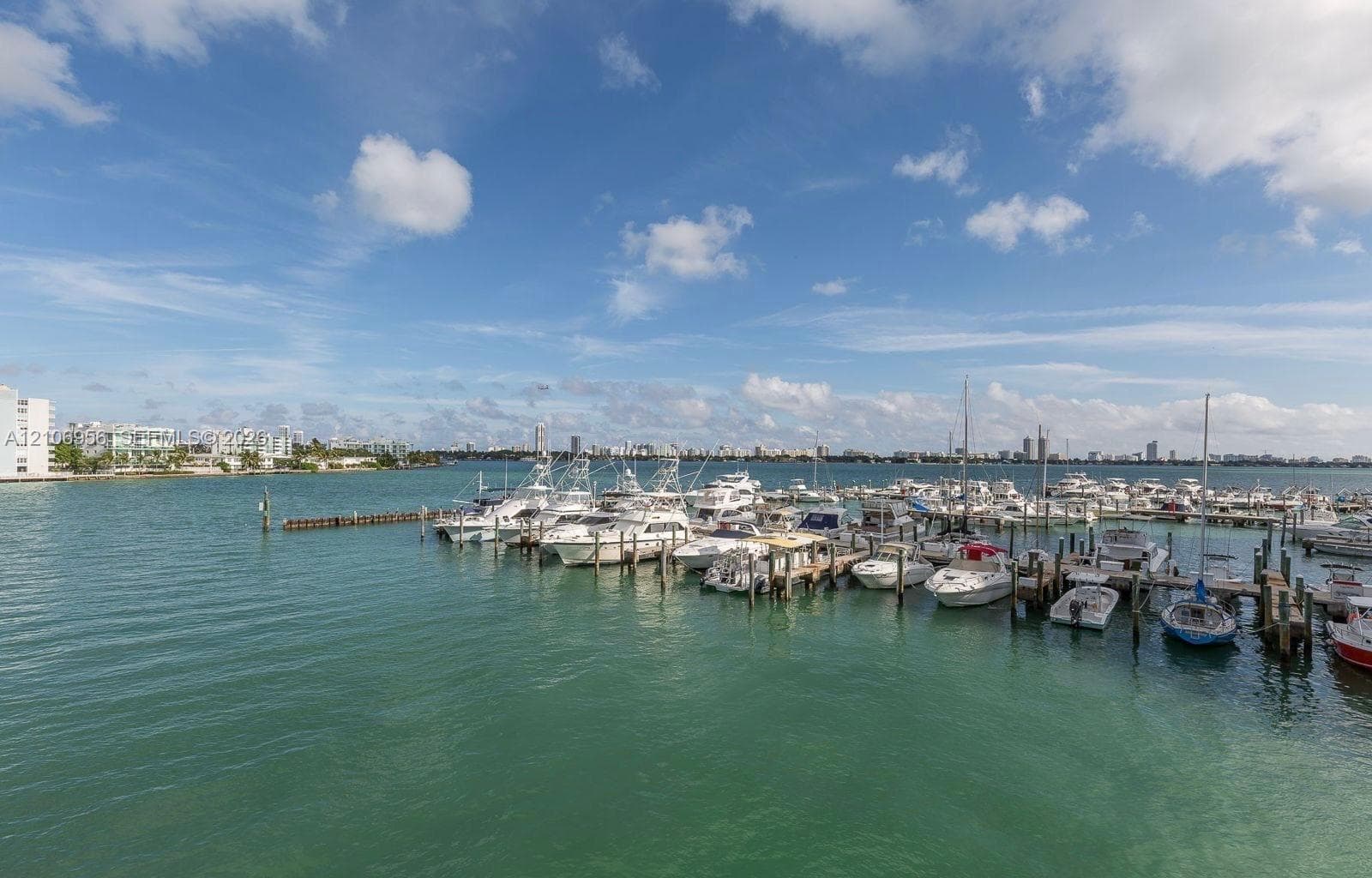 Deep-water marina featuring wood-pile docks, mooring slips, and clear channel access to open water