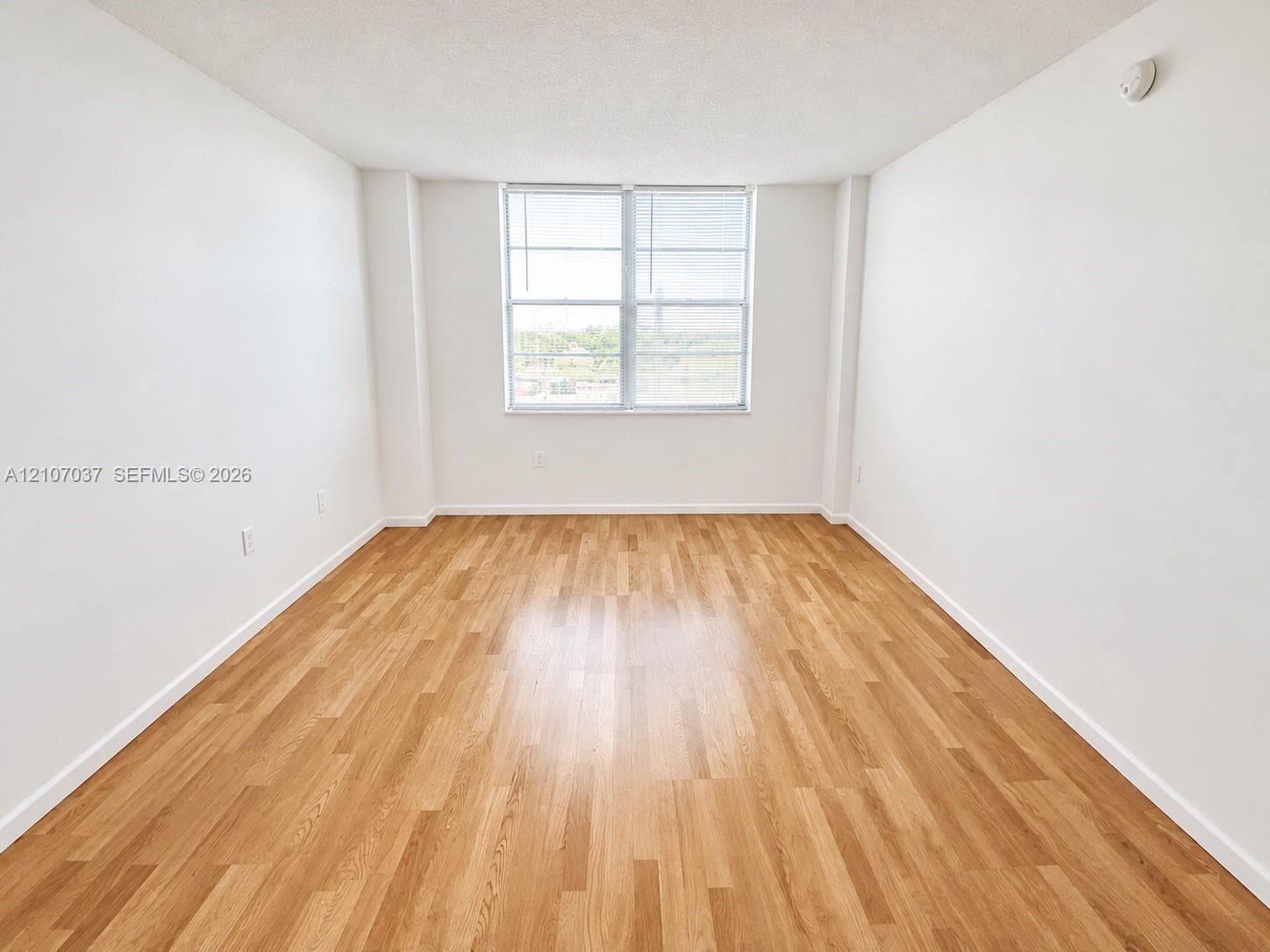 Room featuring wood-finish flooring, white walls, and a large multi-pane window