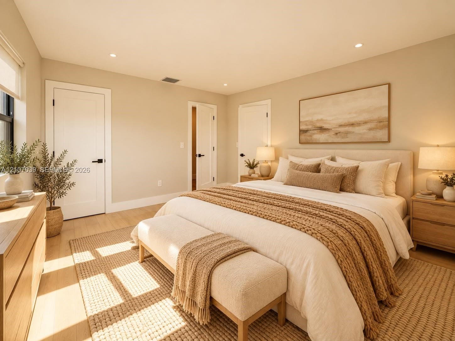 Neutral-toned interior featuring wood-finish flooring, recessed ceiling lighting, and solid-core interior doors with matte black hardware