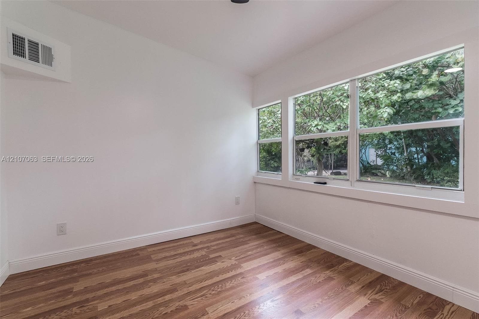 Interior room featuring wood-finish flooring, white walls, and a multi-pane window configuration