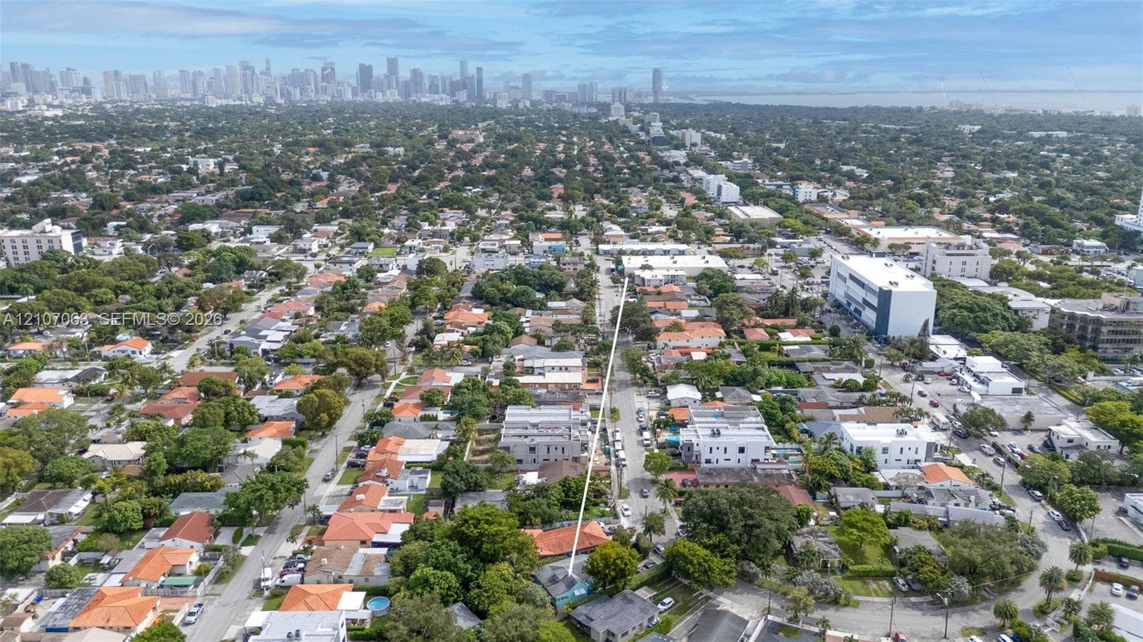 Aerial perspective showcasing urban surroundings with a distant city skyline