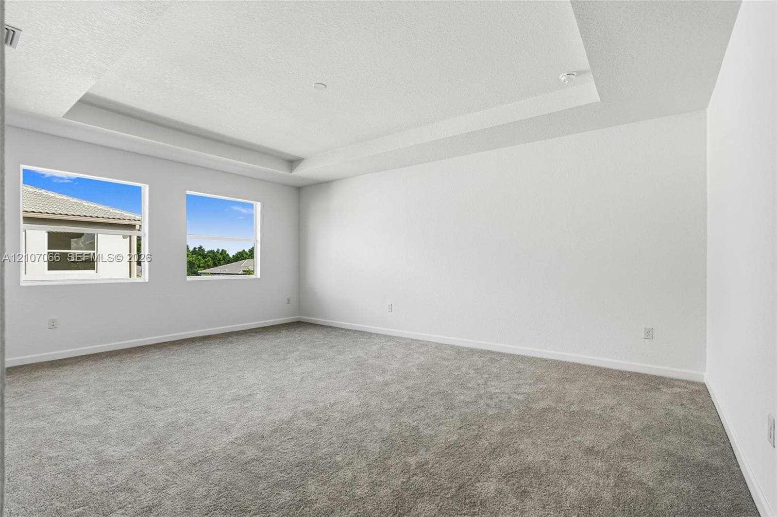 Tray ceiling, neutral wall tones, plush wall-to-wall carpeting, and dual windows
