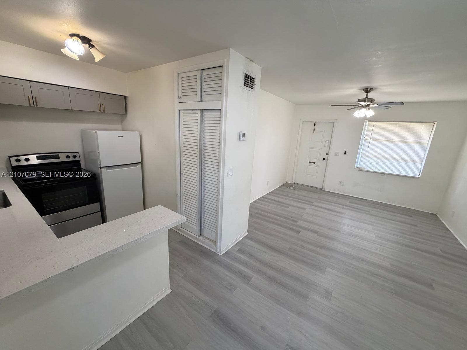 Kitchen featuring stone-finish countertops, shaker-style cabinetry, wood-finish flooring, and built-in closet storage