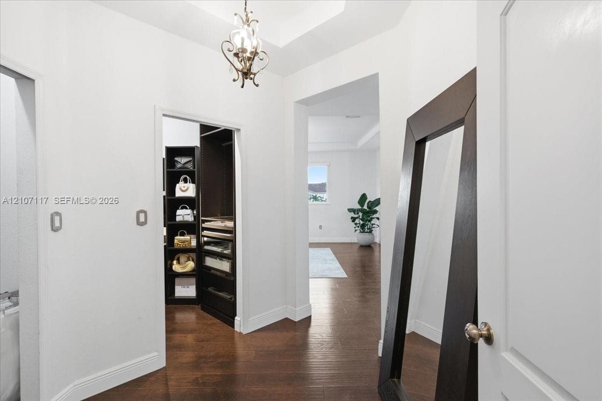 Tray ceiling featuring an ornate metal chandelier, dark wood-finish flooring, and a built-in walk-in closet system with dark wood cabinetry
