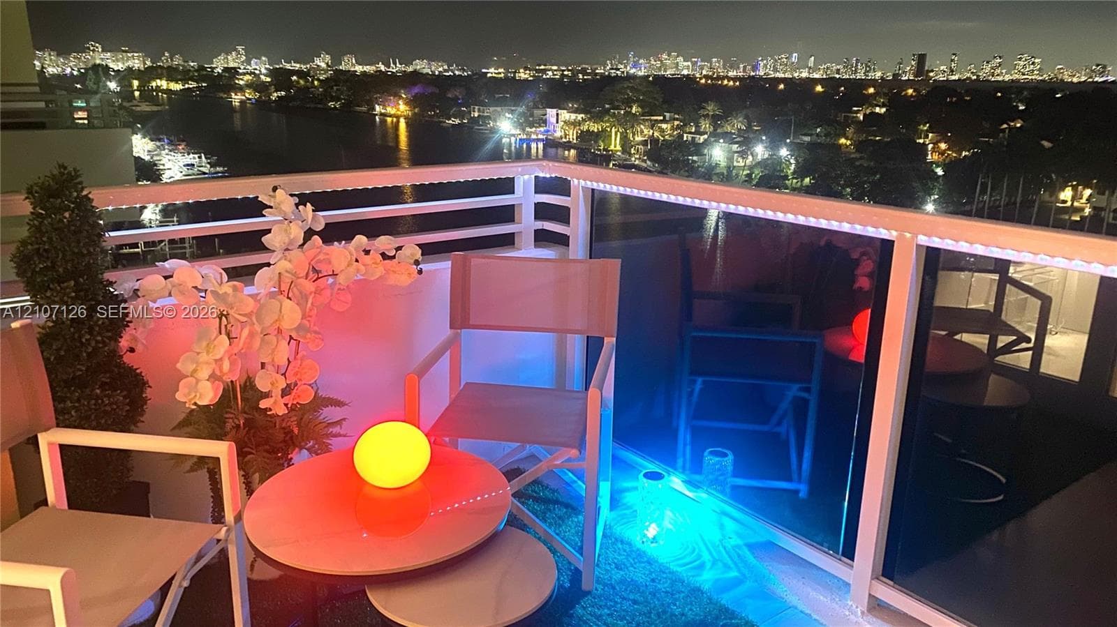 Private balcony featuring white horizontal railing, glass pane inserts, and an expansive cityscape backdrop