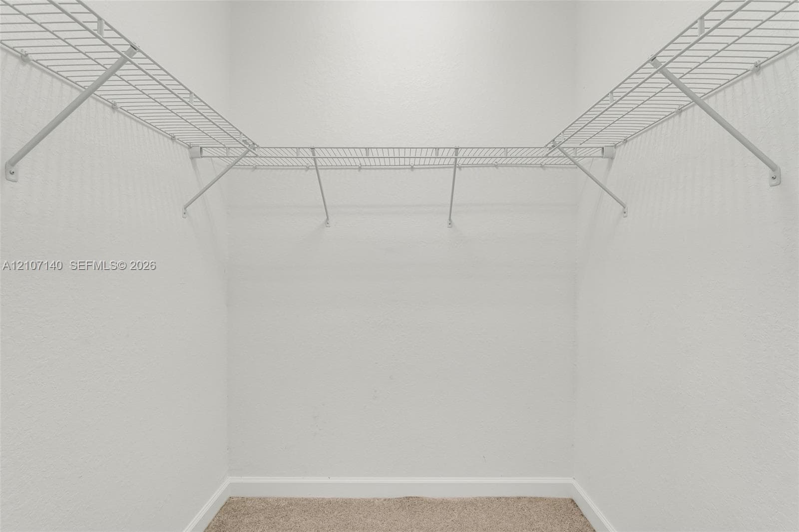 Walk-in storage space featuring wrap-around wire shelving and neutral carpeting