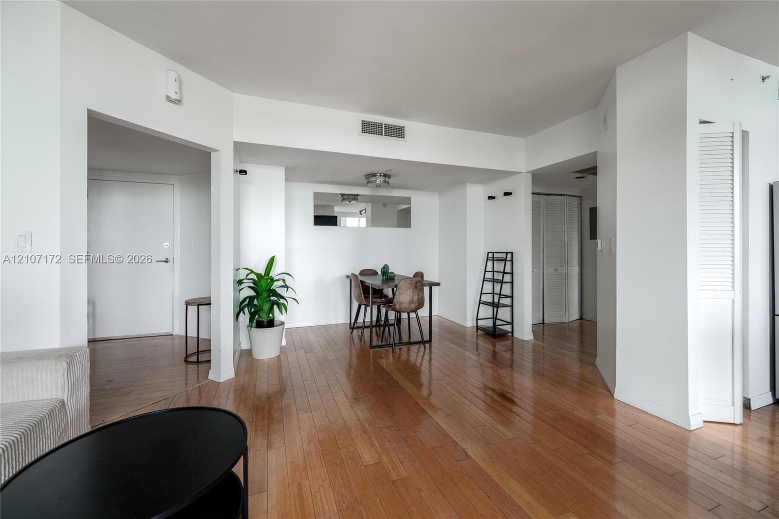 Open-concept interior featuring wood-finish flooring, a flush-mount ceiling light fixture, a wall-mounted rectangular mirror, and double-door closet cabinetry