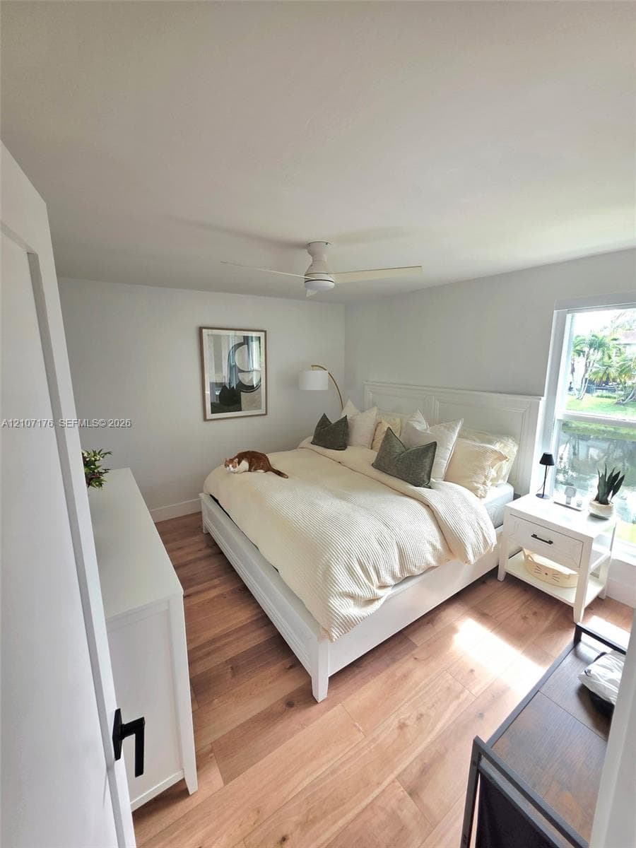 Wood-finish flooring, white-finish ceiling fan, and window with natural light exposure