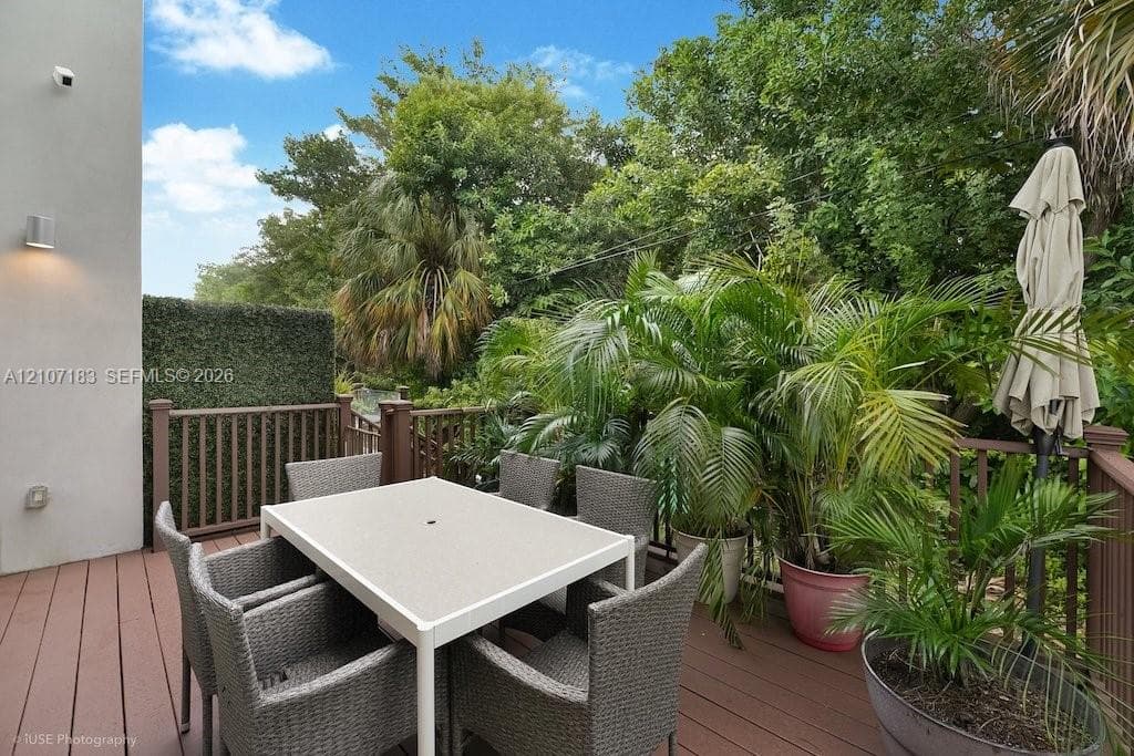 Elevated outdoor deck featuring composite wood-finish decking and a wooden balustrade, bordered by a privacy screen and mature perimeter vegetation