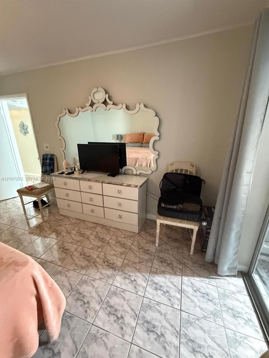 Large-format marble-finish tile flooring