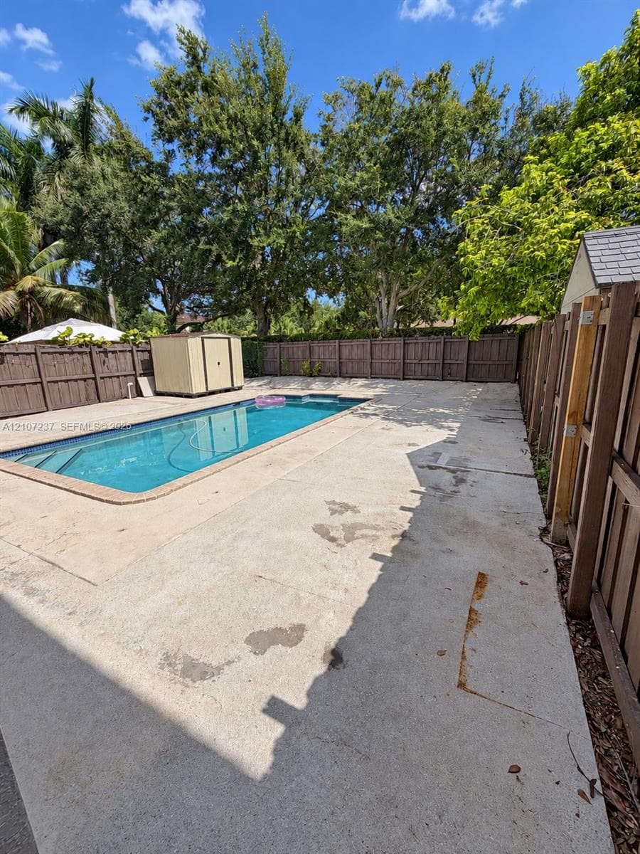Inground swimming pool with concrete decking, enclosed by a full-height wood privacy fence, featuring mature perimeter trees