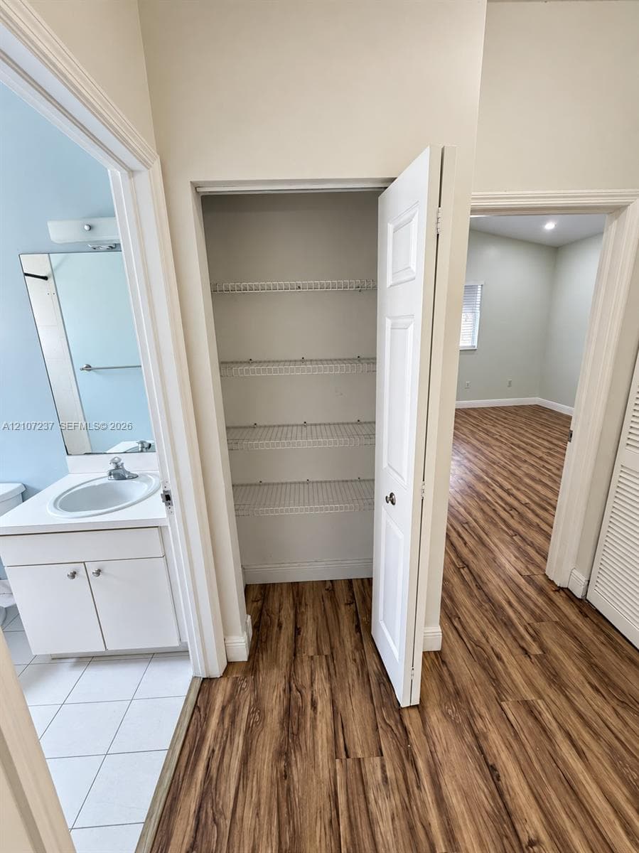Vanity featuring a white cabinet, integrated sink, and wall-mounted mirror, paired with a reach-in closet containing multi-level wire shelving and wood-finish flooring
